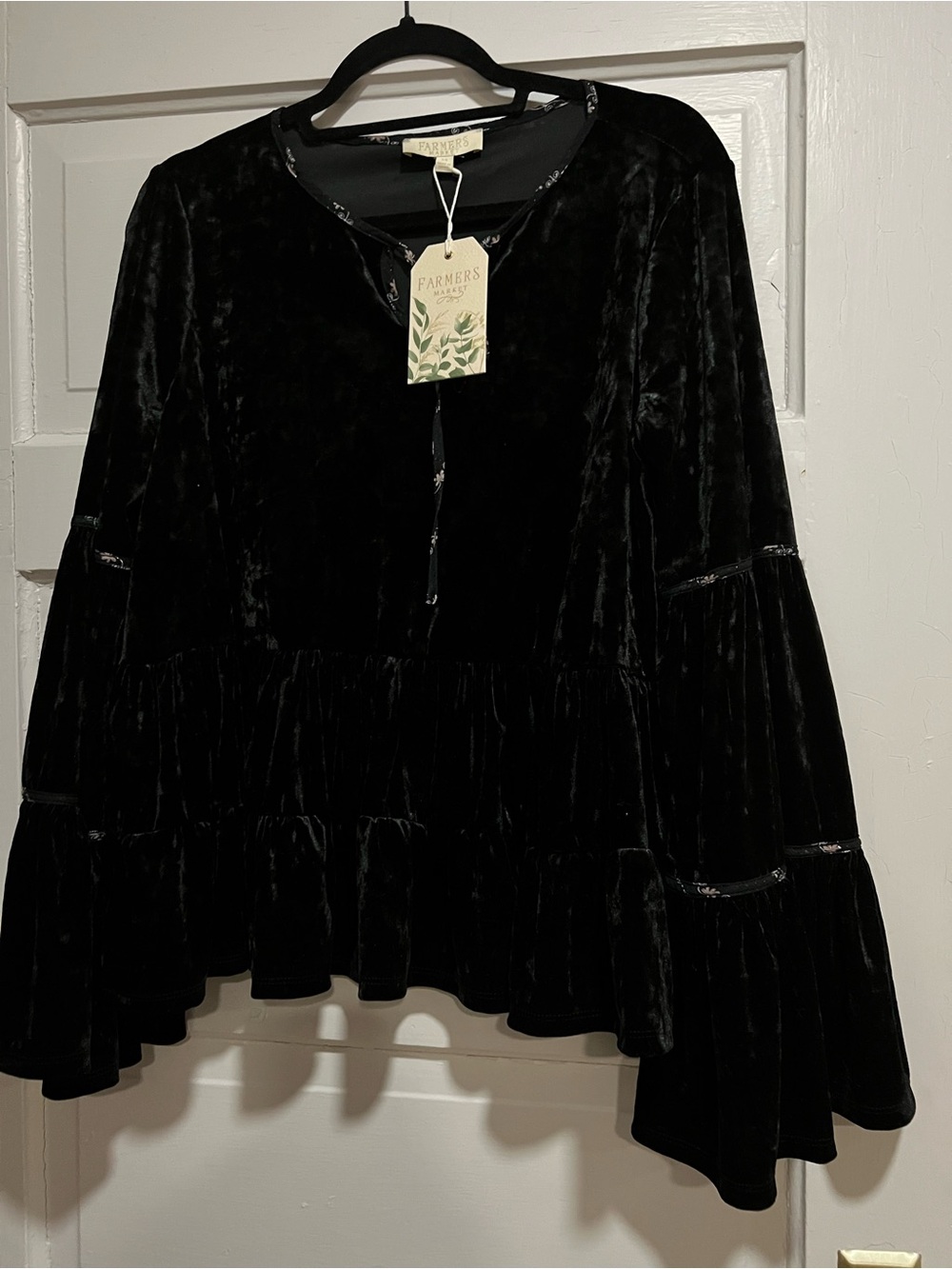 Farmers Market Black Velvet Ruffle-Sleeve Blouse